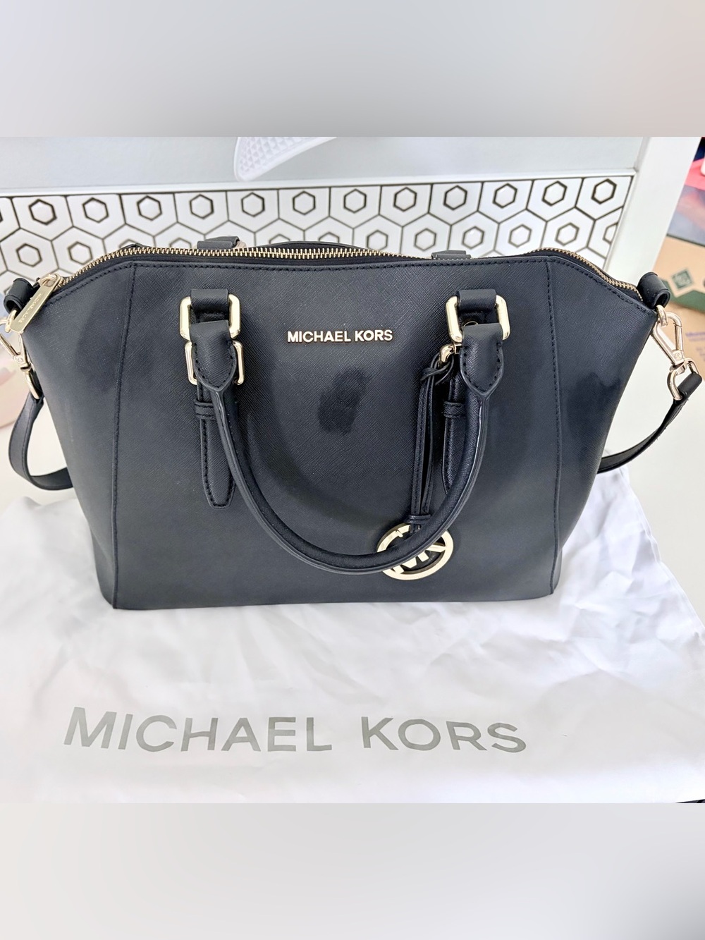 Michael Kors Black Saffiano Satchel with Gold Hardware